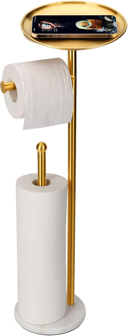 Noonext Gold Toilet Paper Holder Stand with Shelf, Heavy Marble Base No Tipping Over, Freestanding Toilet Paper Holder(Gold)