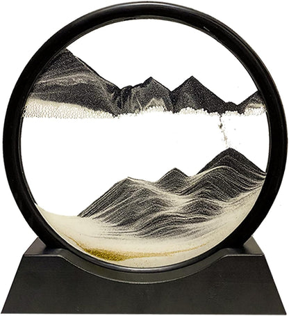 HYUGF Moving Sand Art Picture Decor, 3D Deep Sea Sandscape Liquid Motion, Round Glass Frame Display Flowing Sand Relaxing Gift for Kids Adults Home Office Work Desktop Decoration Toy (Black, 7")