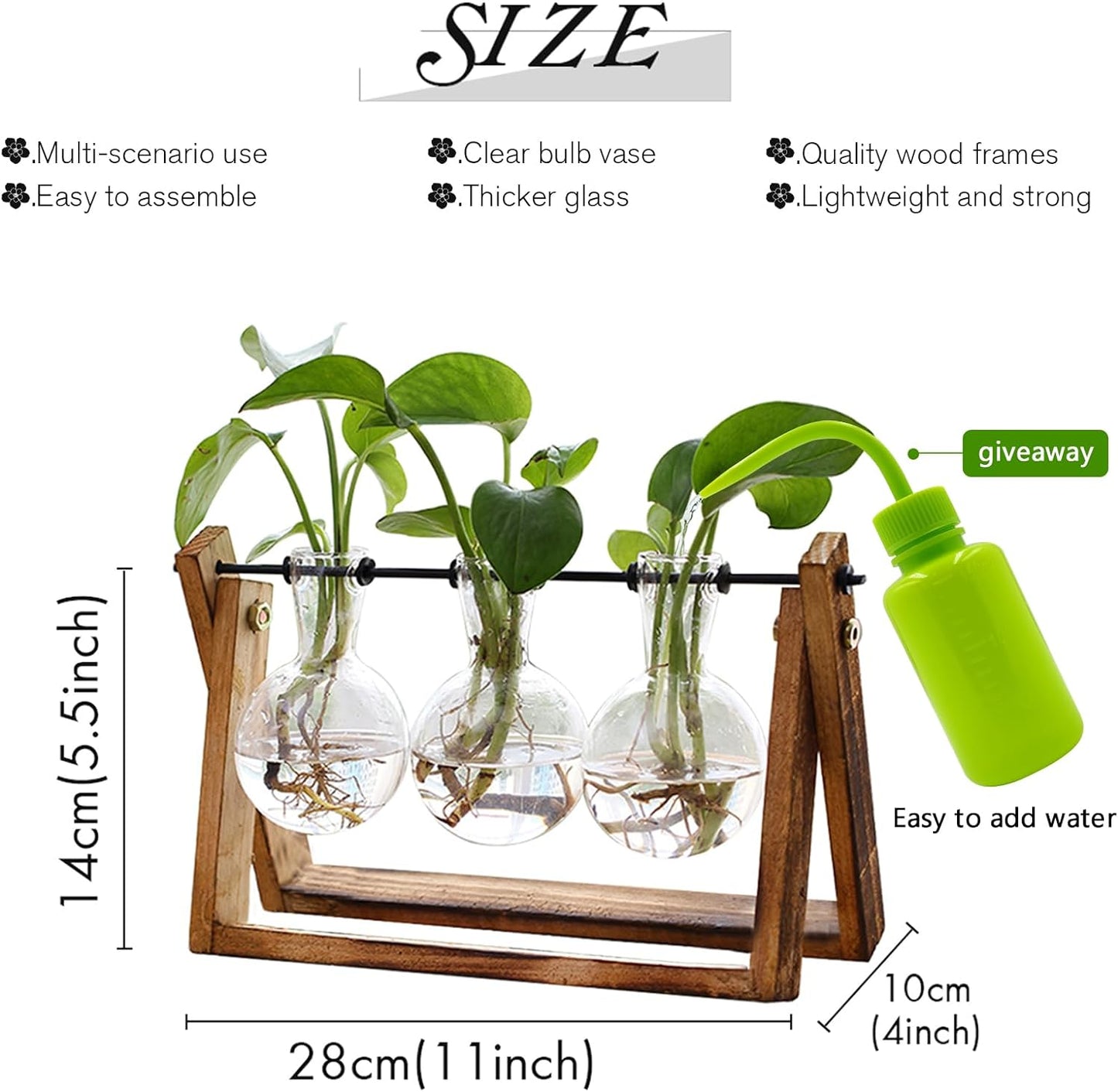 XXXFLOWER Plant Terrarium with Wooden Stand, Air Planter Bulb Glass Vase Metal Swivel Holder Retro Tabletop for Hydroponics Home Garden Office Decoration - 3 Bulb Vase