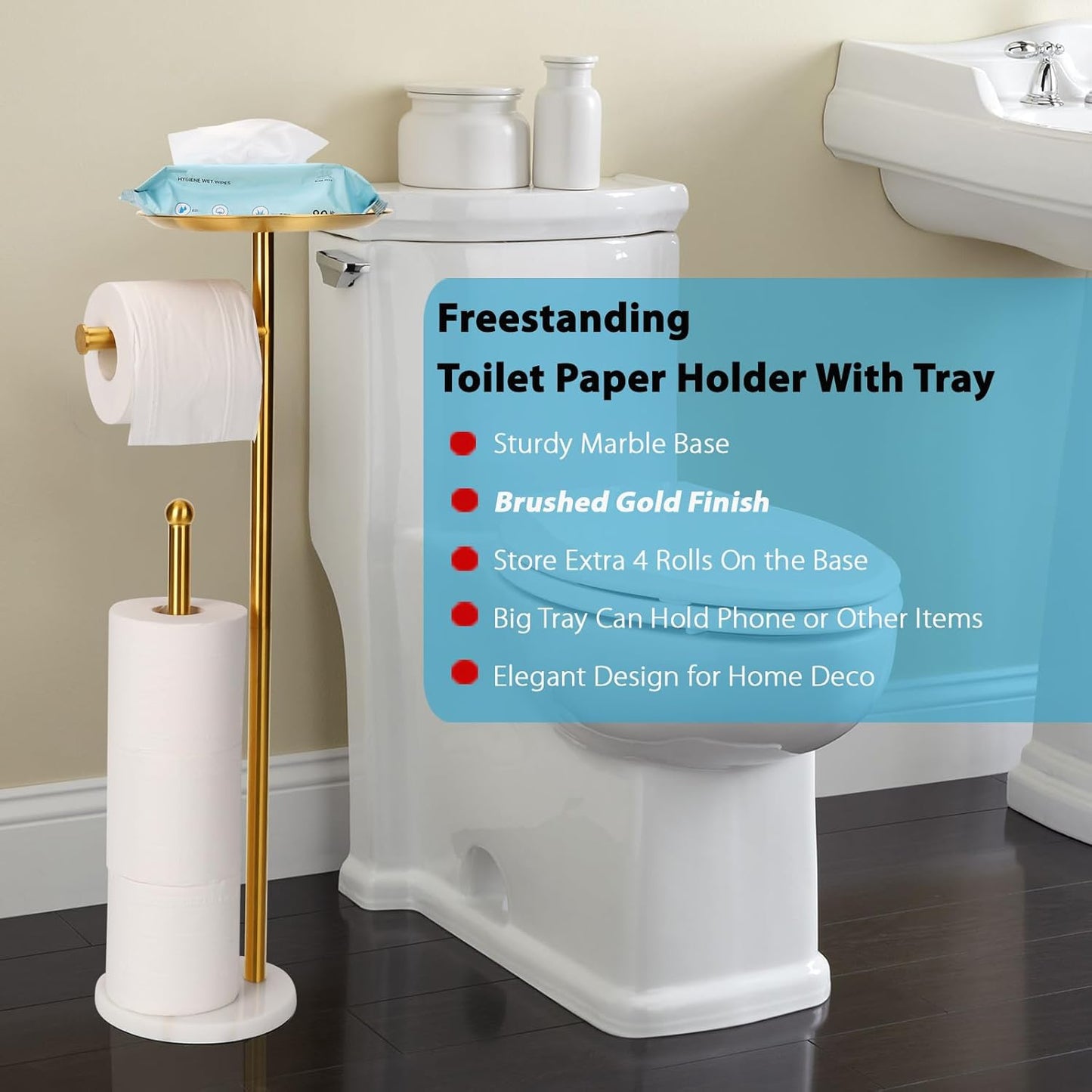 Noonext Gold Toilet Paper Holder Stand with Shelf, Heavy Marble Base No Tipping Over, Freestanding Toilet Paper Holder(Gold)