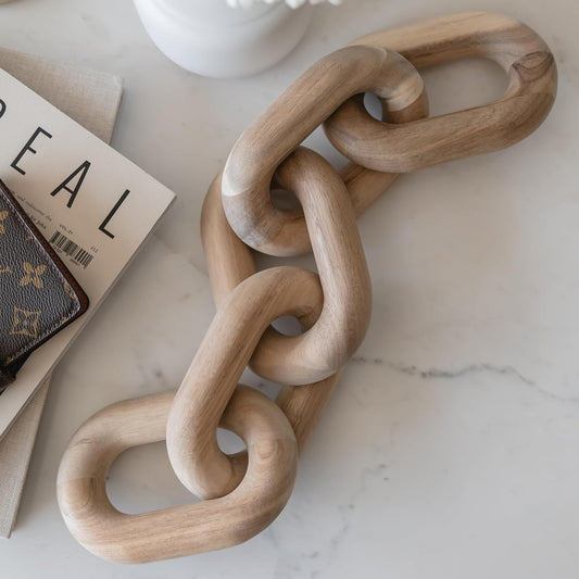 Book Shelf Decor Aesthetic - Acacia Wood Chain Link Decor, Modern Coffee Table Decor Items, Home Décor Accents, Bookshelf Decor, Small Home Decor for Shelves, Console Table Decor, Wooden Decor